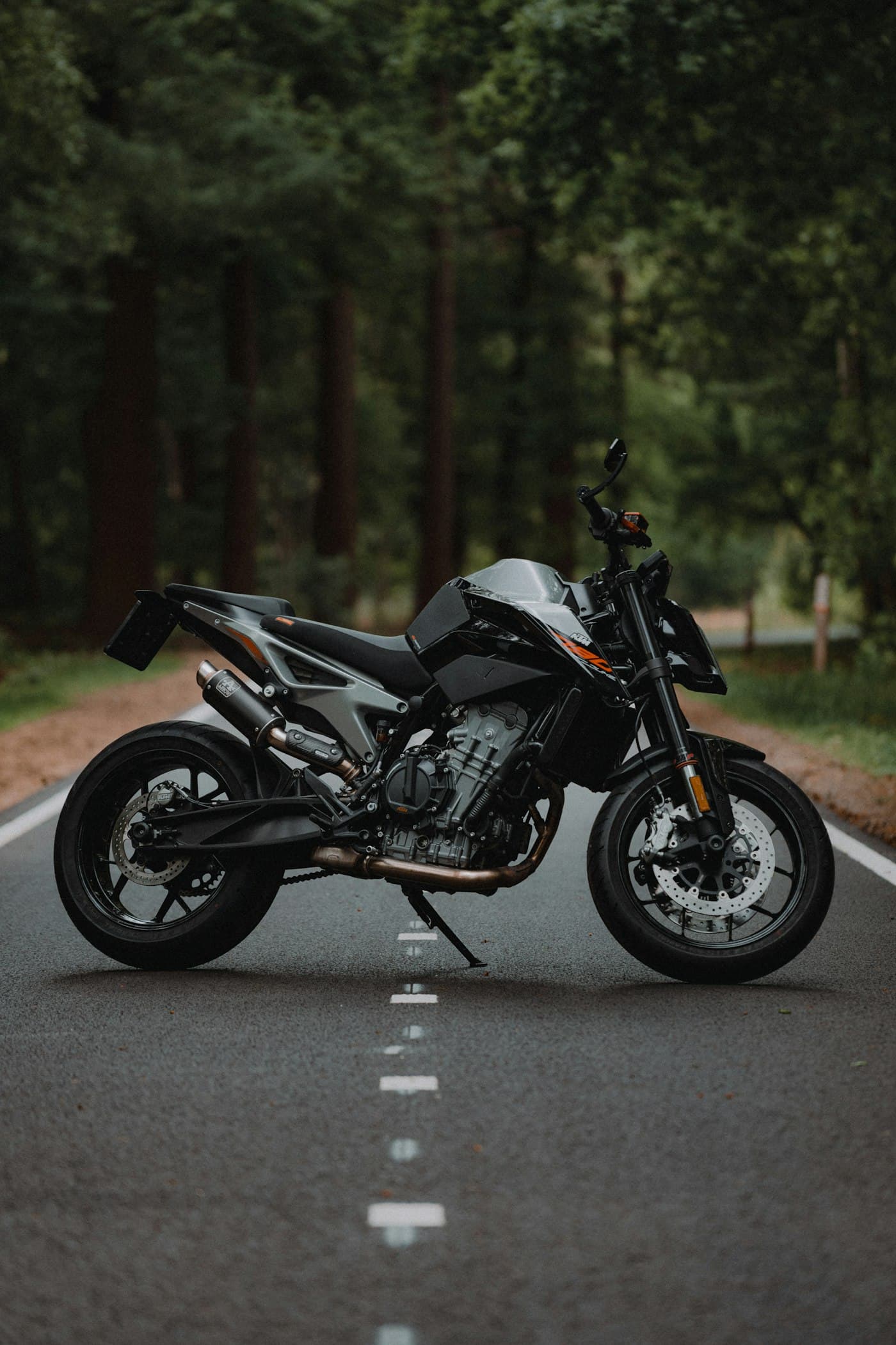 Motorcycle parked on a forest road